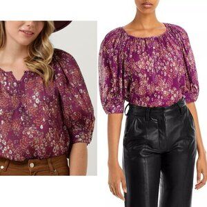 Vanessa Bruno Seban Blouse Metallic‎ Floral Purple Silk Blend Boho Romantic 38/S